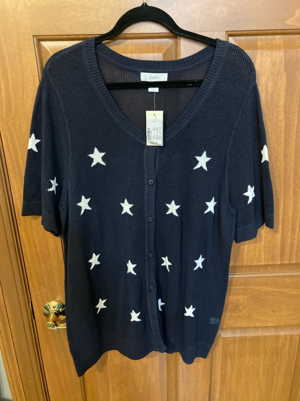CJ Banks Navy Blue Star Pattern Button-Front Short Sleeve Cardigan